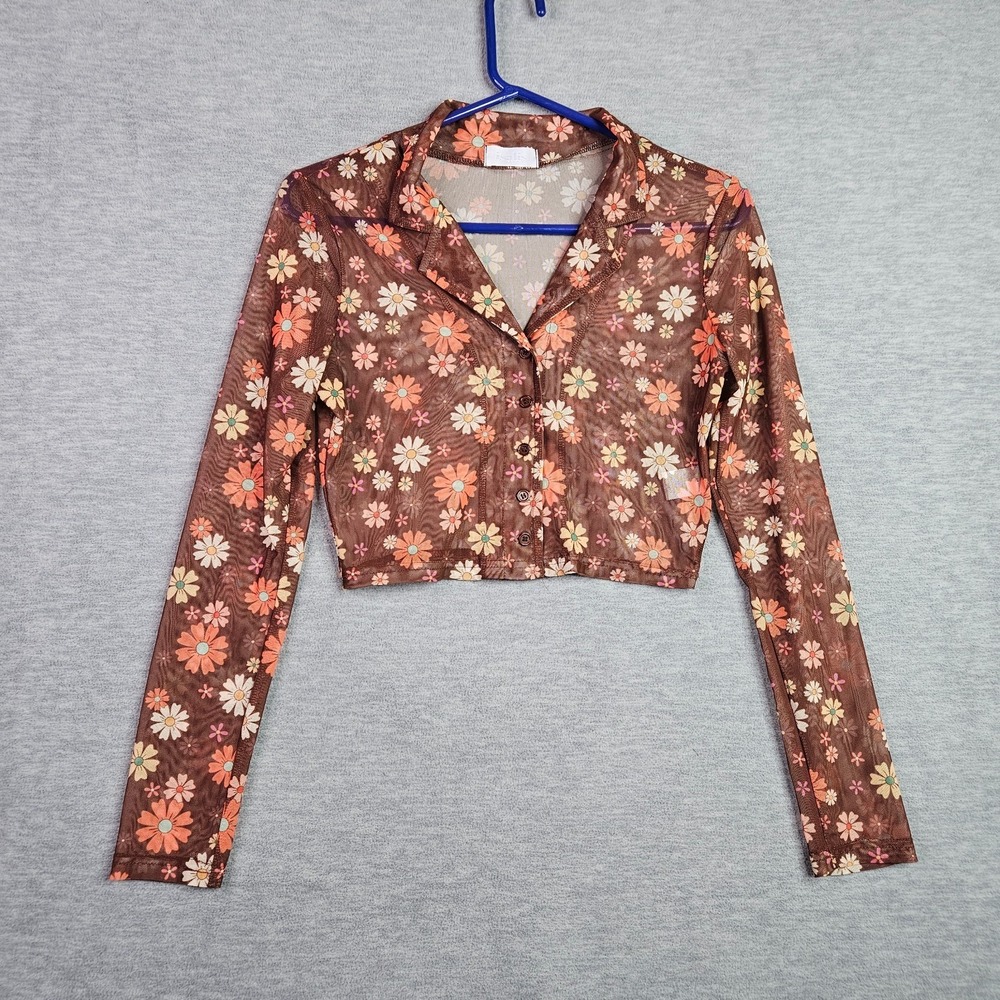 Isalis Women's Y2K Sheer Mesh Floral Crop Button Up Top Size M